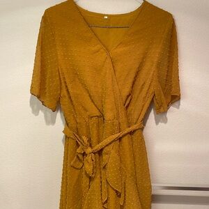 Elegant Mustard Wrap Dress with ruffles and polka dots